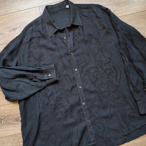 Men's Linen-Like Embroidered Button Down Shirt - Black Scroll Design Goth 3X